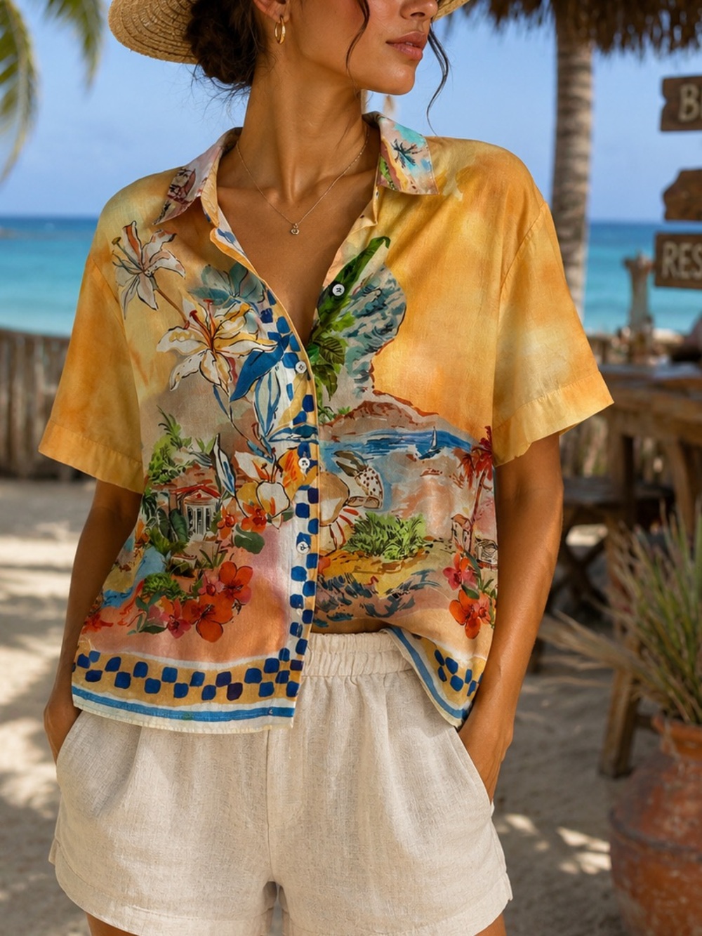 Zara Tropical Scenic Print Shirt Size S 100% Cotton Resort Vacation Button Front
